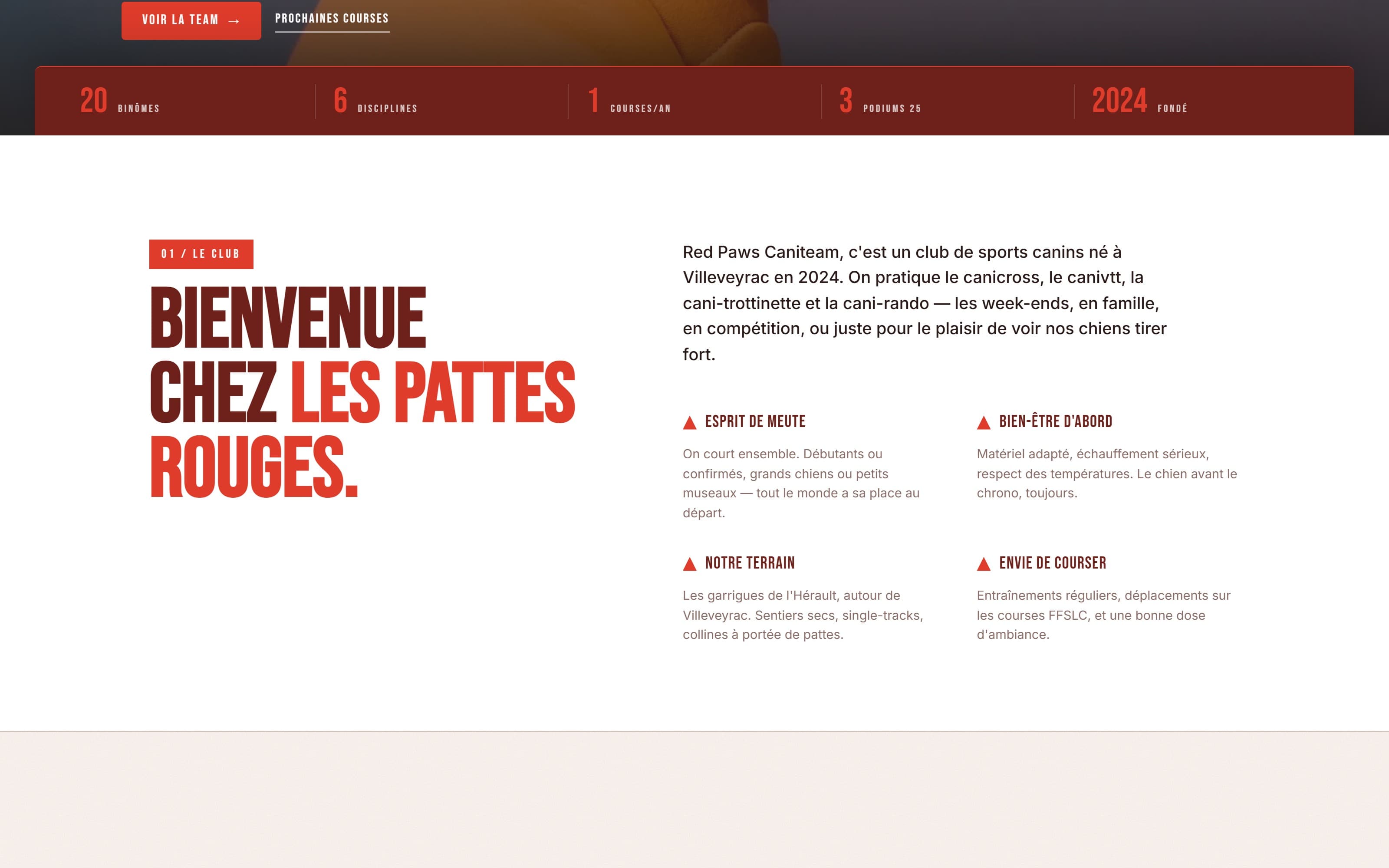 Section de présentation du club, avec ses quatre valeurs affichées en colonnes